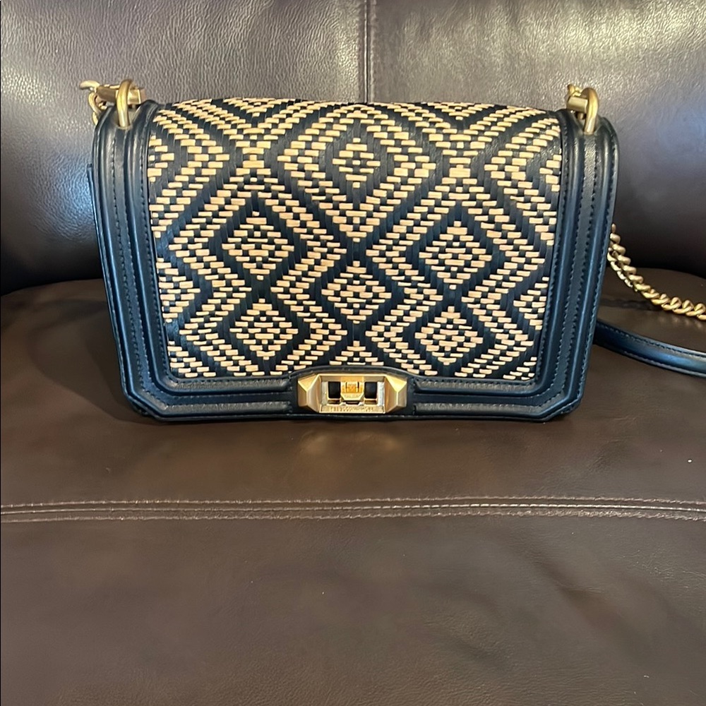 Rebecca Minkoff Elegant Black and Tan Crossbody Bag with Geometric Design